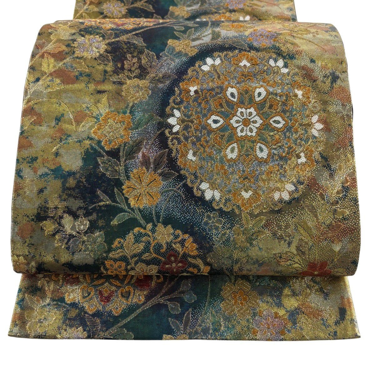 【美品】 袋帶 秀品級 華紋 花丸文 金絲 金金箔 青綠 六通 純蠶絲
