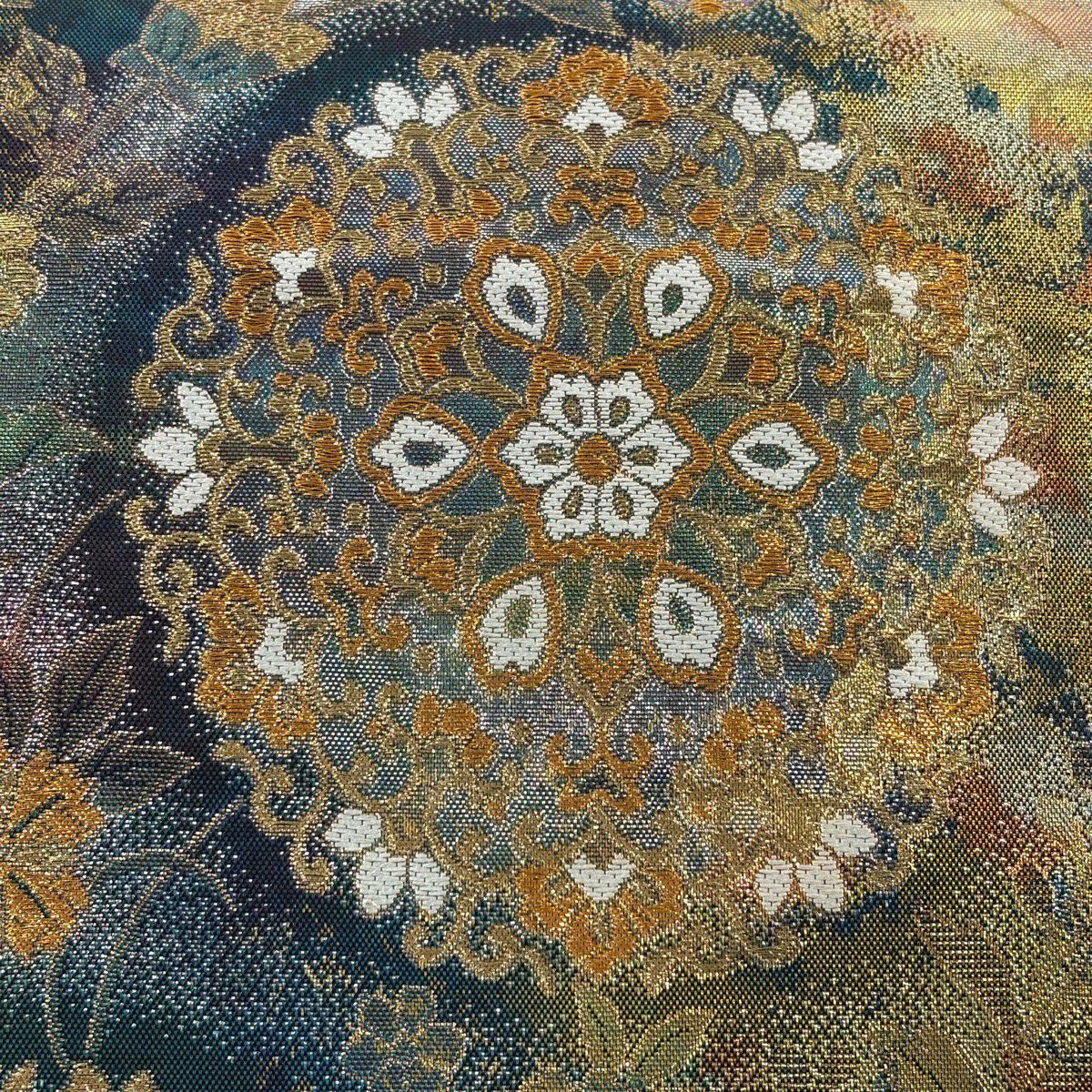 【美品】 袋帶 秀品級 華紋 花丸文 金絲 金金箔 青綠 六通 純蠶絲