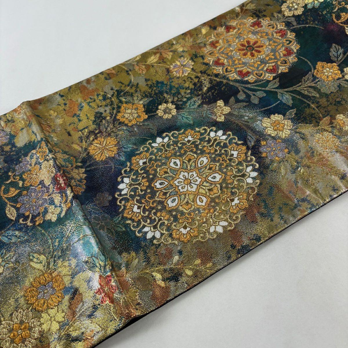 【美品】 袋帶 秀品級 華紋 花丸文 金絲 金金箔 青綠 六通 純蠶絲