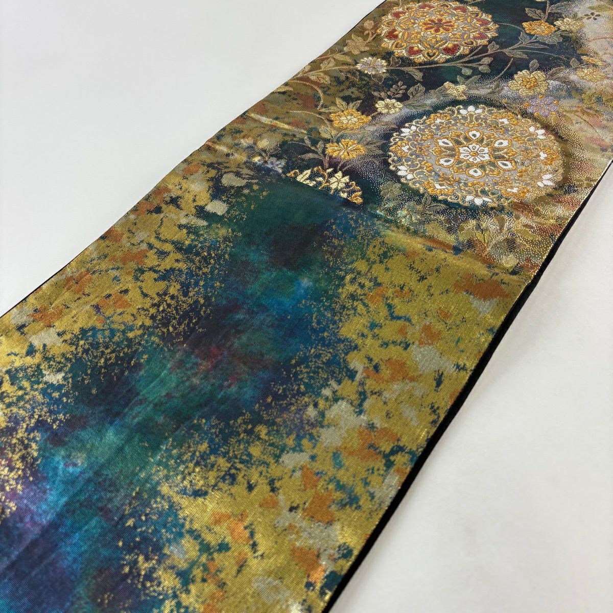 【美品】 袋帶 秀品級 華紋 花丸文 金絲 金金箔 青綠 六通 純蠶絲