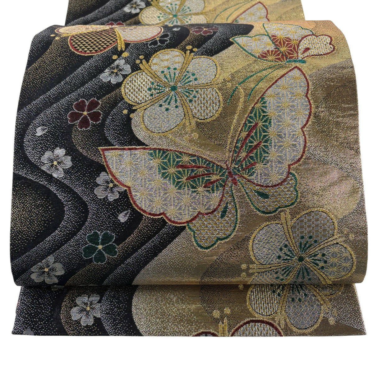 【美品】 袋帶 秀品級 振袖禮服禮服用 蝶 梅花 金絲 金金箔 金色 六通 純蠶絲