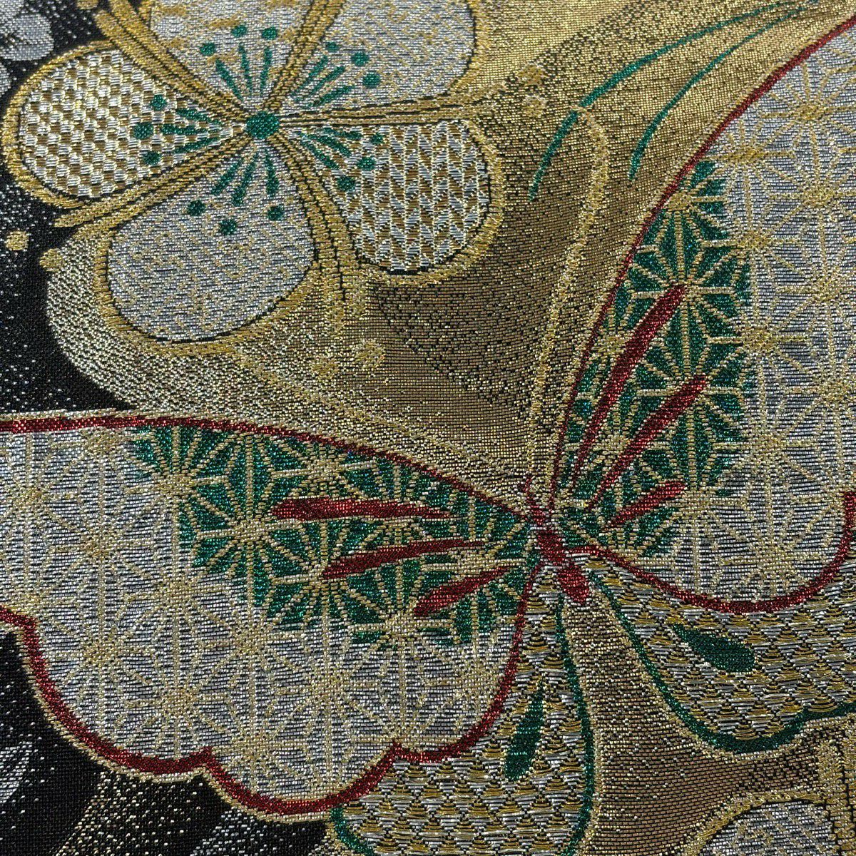 【美品】 袋帶 秀品級 振袖禮服禮服用 蝶 梅花 金絲 金金箔 金色 六通 純蠶絲