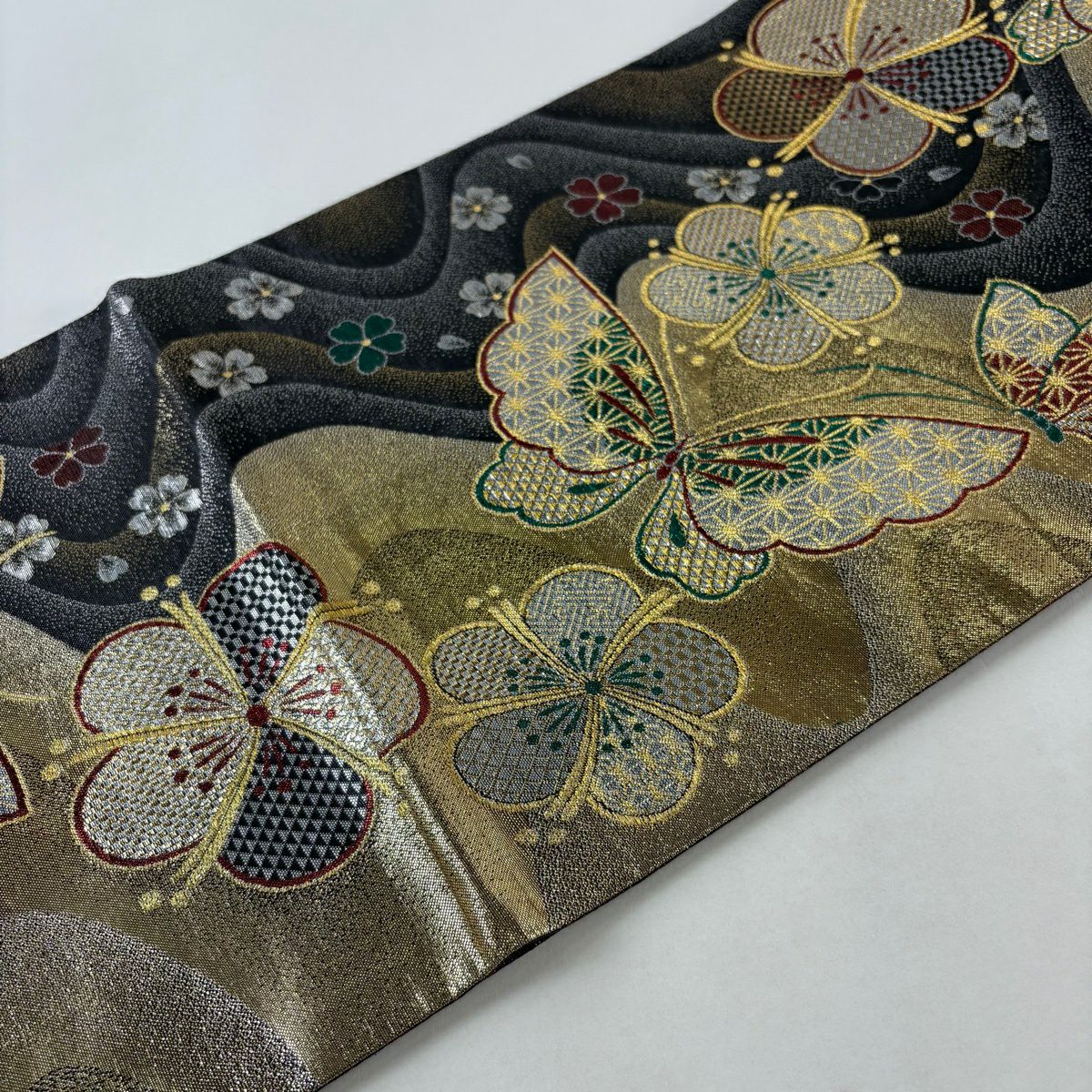 【美品】 袋帶 秀品級 振袖禮服禮服用 蝶 梅花 金絲 金金箔 金色 六通 純蠶絲