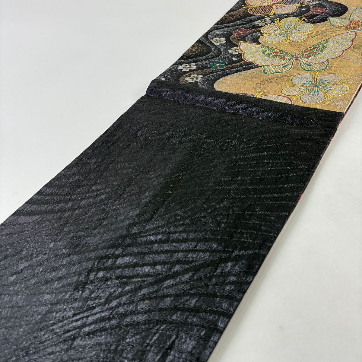【美品】 袋帶 秀品級 振袖禮服禮服用 蝶 梅花 金絲 金金箔 金色 六通 純蠶絲