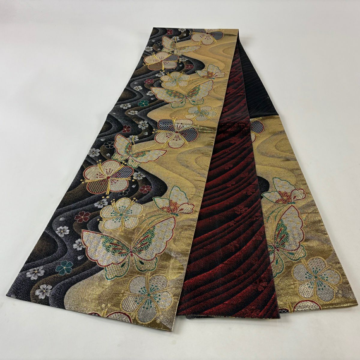 【美品】 袋帶 秀品級 振袖禮服禮服用 蝶 梅花 金絲 金金箔 金色 六通 純蠶絲