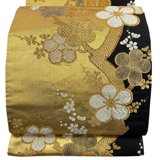袋帶 秀品級 慶金錦 枝梅花 金銀絲 刺繡 金色 六通 純蠶絲