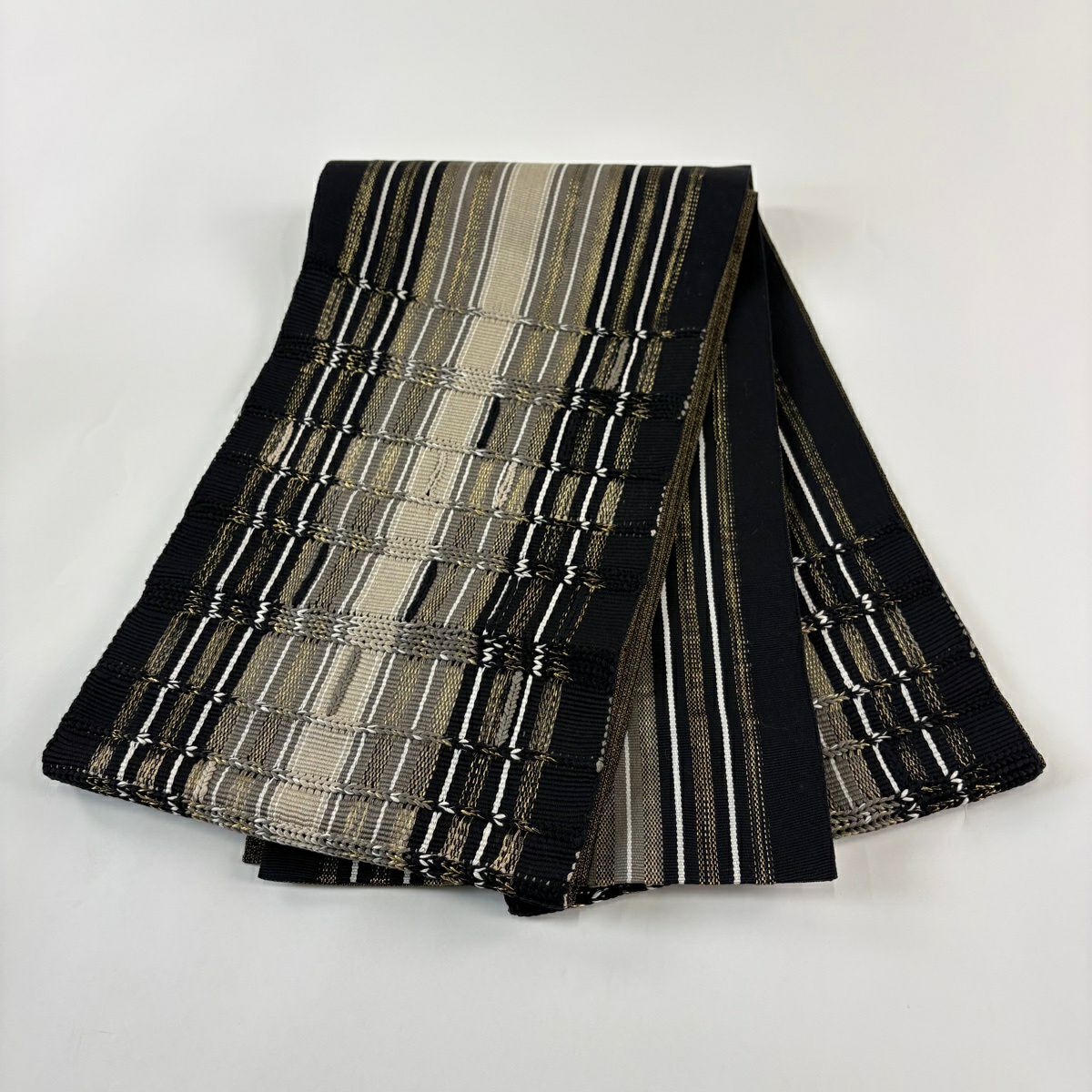 【美品】 袋帶 秀品級 格子 縞 金絲 黑 お太鼓圖案 純蠶絲