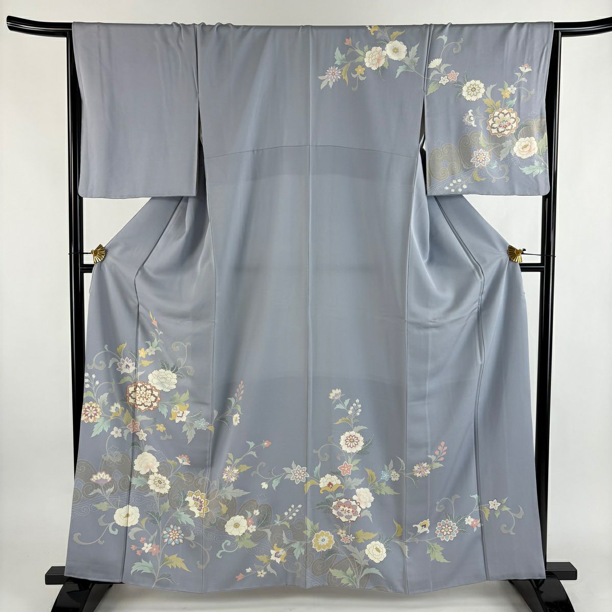 訪問服 身長160.5cm 袖長67cm M 雙層 花唐草紋 金絲 金銀彩 青灰 純蠶絲 秀品級