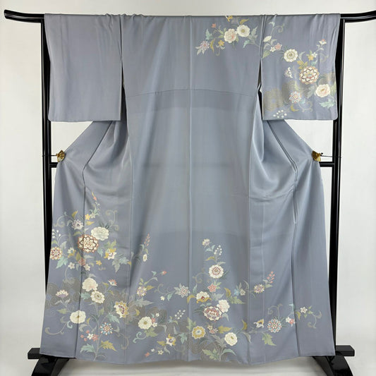 訪問服 身長160.5cm 袖長67cm M 雙層 花唐草紋 金絲 金銀彩 青灰 純蠶絲 秀品級