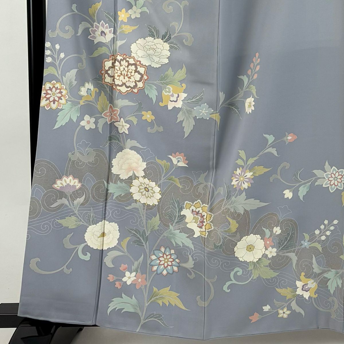 訪問服 身長160.5cm 袖長67cm M 雙層 花唐草紋 金絲 金銀彩 青灰 純蠶絲 秀品級