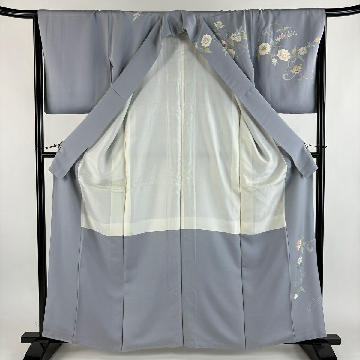 訪問服 身長160.5cm 袖長67cm M 雙層 花唐草紋 金絲 金銀彩 青灰 純蠶絲 秀品級