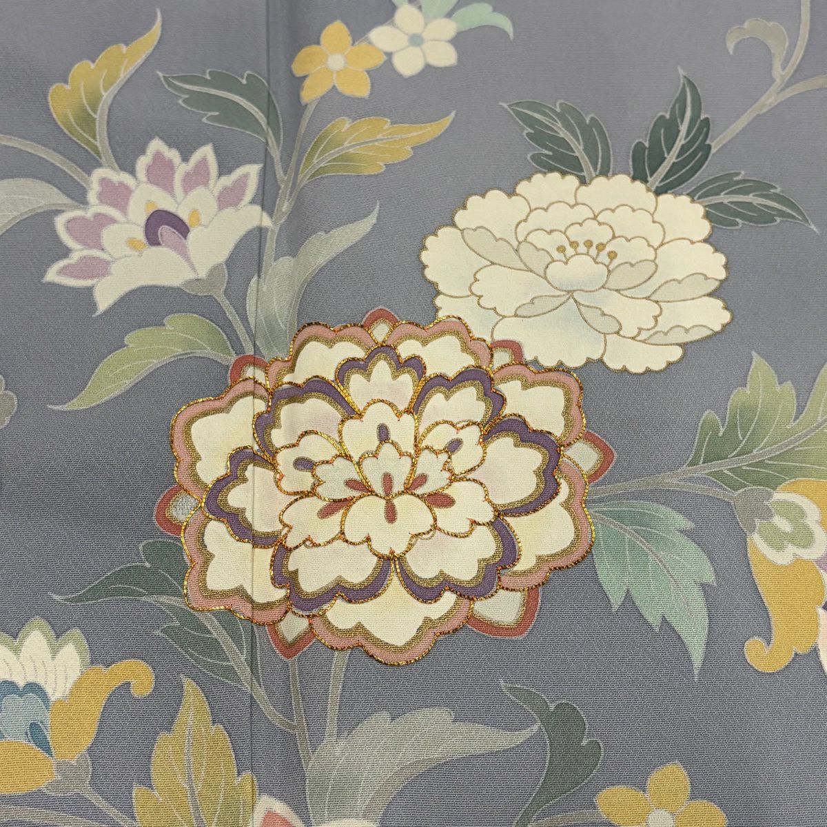 訪問服 身長160.5cm 袖長67cm M 雙層 花唐草紋 金絲 金銀彩 青灰 純蠶絲 秀品級