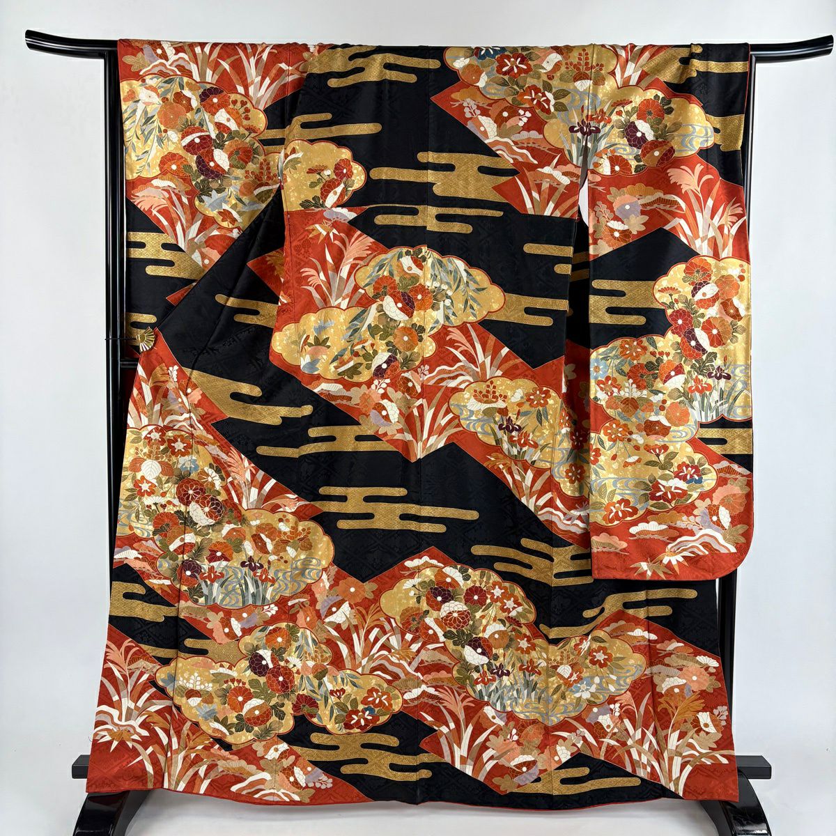 振袖禮服 身長163cm 袖長70cm L 雙層 草花紋紋 雲文 金絲 金銀彩 朱 純蠶絲 秀品級