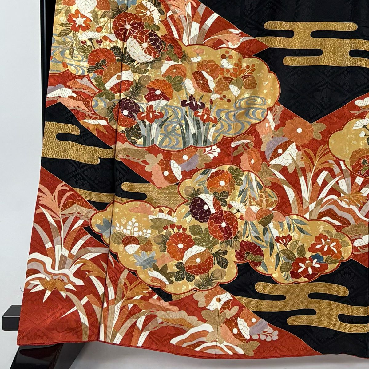 振袖禮服 身長163cm 袖長70cm L 雙層 草花紋紋 雲文 金絲 金銀彩 朱 純蠶絲 秀品級