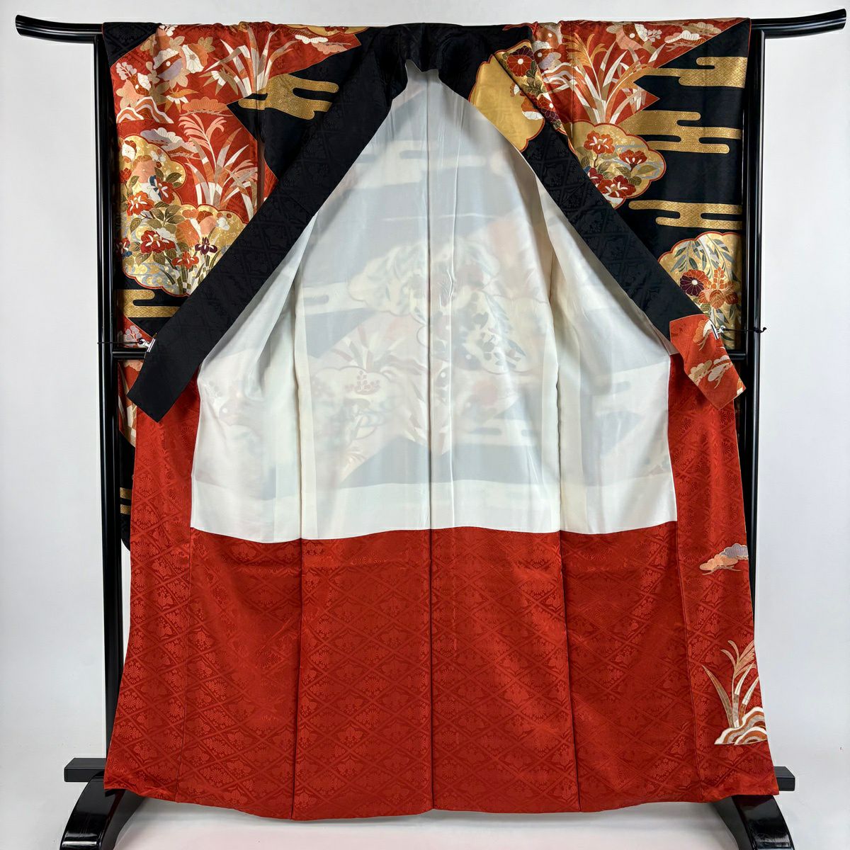 振袖禮服 身長163cm 袖長70cm L 雙層 草花紋紋 雲文 金絲 金銀彩 朱 純蠶絲 秀品級