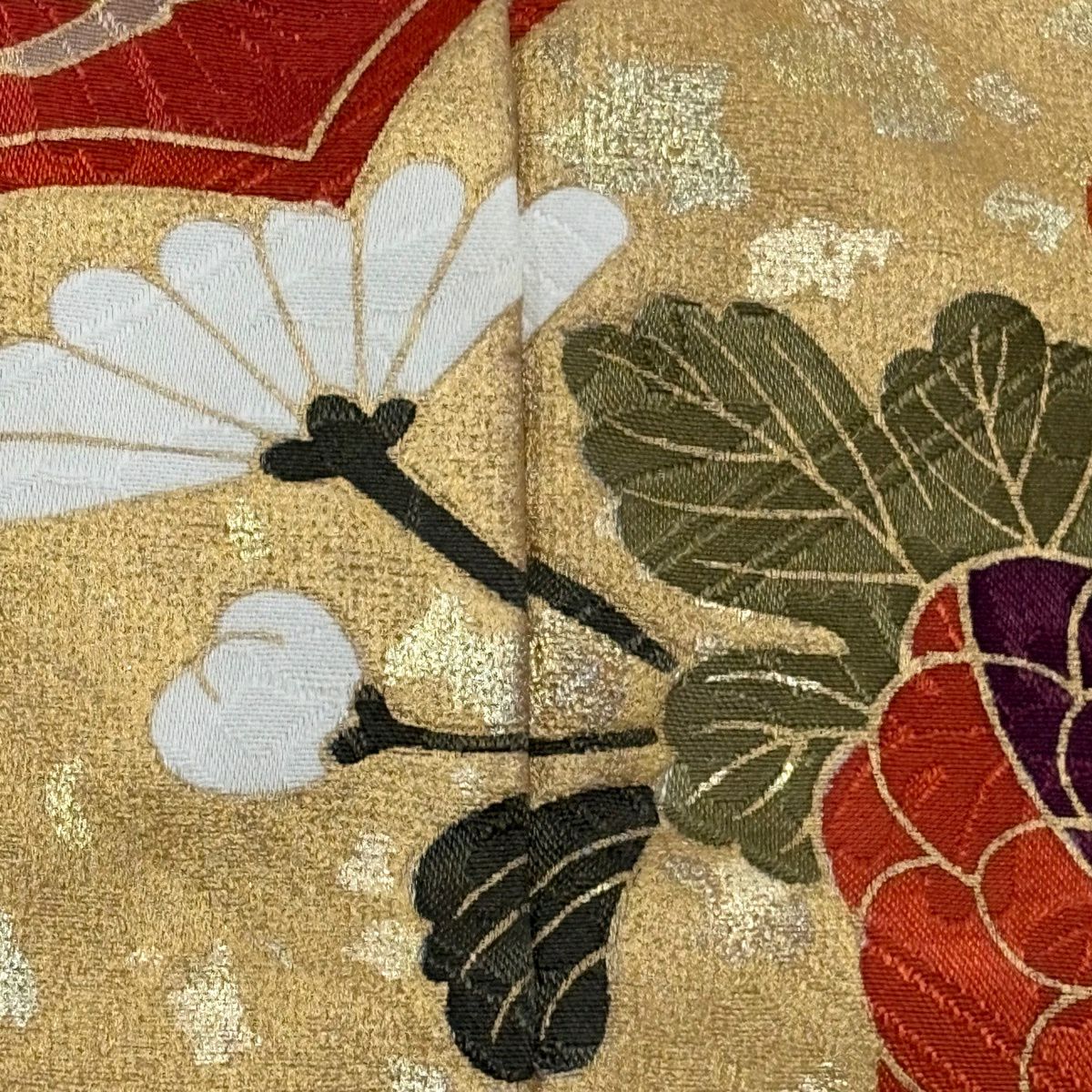 振袖禮服 身長163cm 袖長70cm L 雙層 草花紋紋 雲文 金絲 金銀彩 朱 純蠶絲 秀品級
