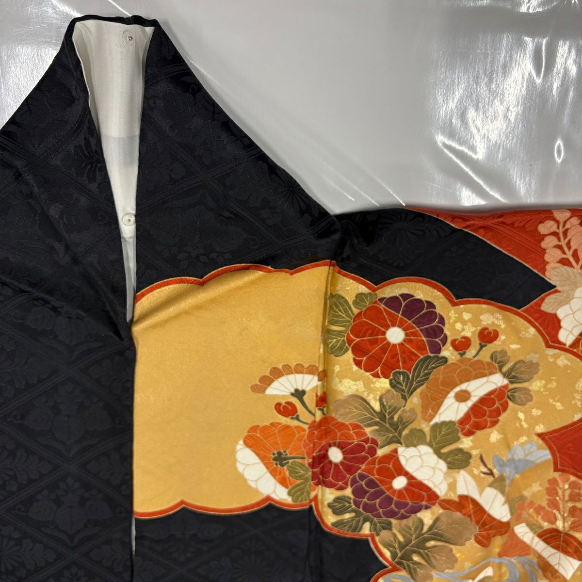 振袖禮服 身長163cm 袖長70cm L 雙層 草花紋紋 雲文 金絲 金銀彩 朱 純蠶絲 秀品級