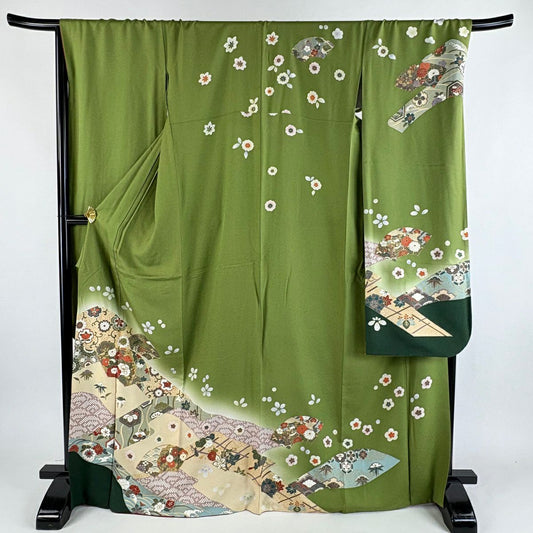振袖禮服 身長168.5cm 袖長71cm L 雙層 扇子面 草花紋紋 金絲 金銀彩 艾草色 純蠶絲 秀品級