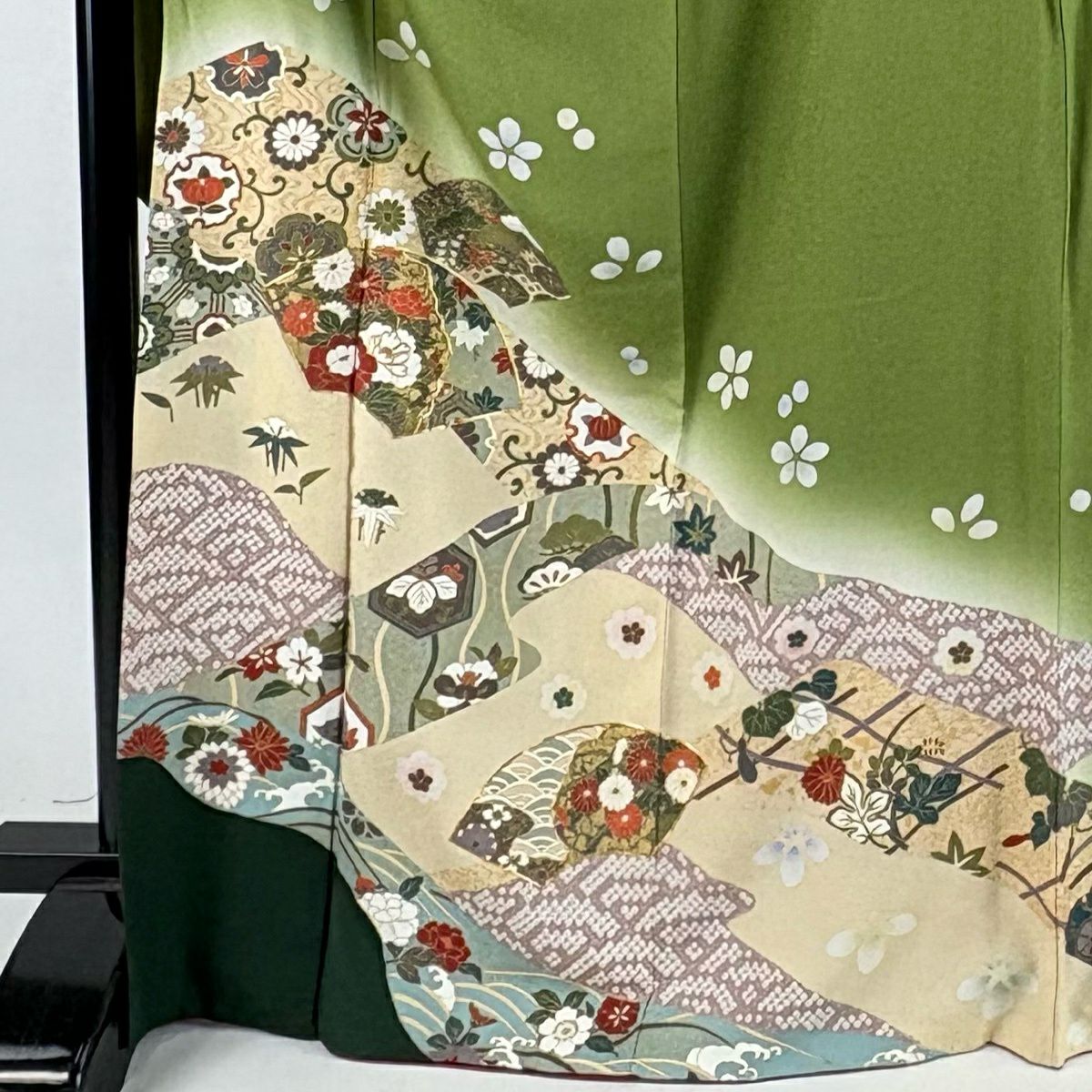 振袖禮服 身長168.5cm 袖長71cm L 雙層 扇子面 草花紋紋 金絲 金銀彩 艾草色 純蠶絲 秀品級