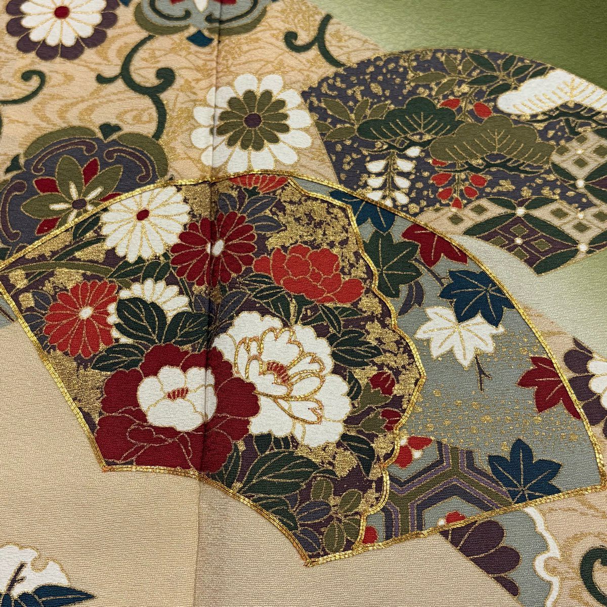 振袖禮服 身長168.5cm 袖長71cm L 雙層 扇子面 草花紋紋 金絲 金銀彩 艾草色 純蠶絲 秀品級