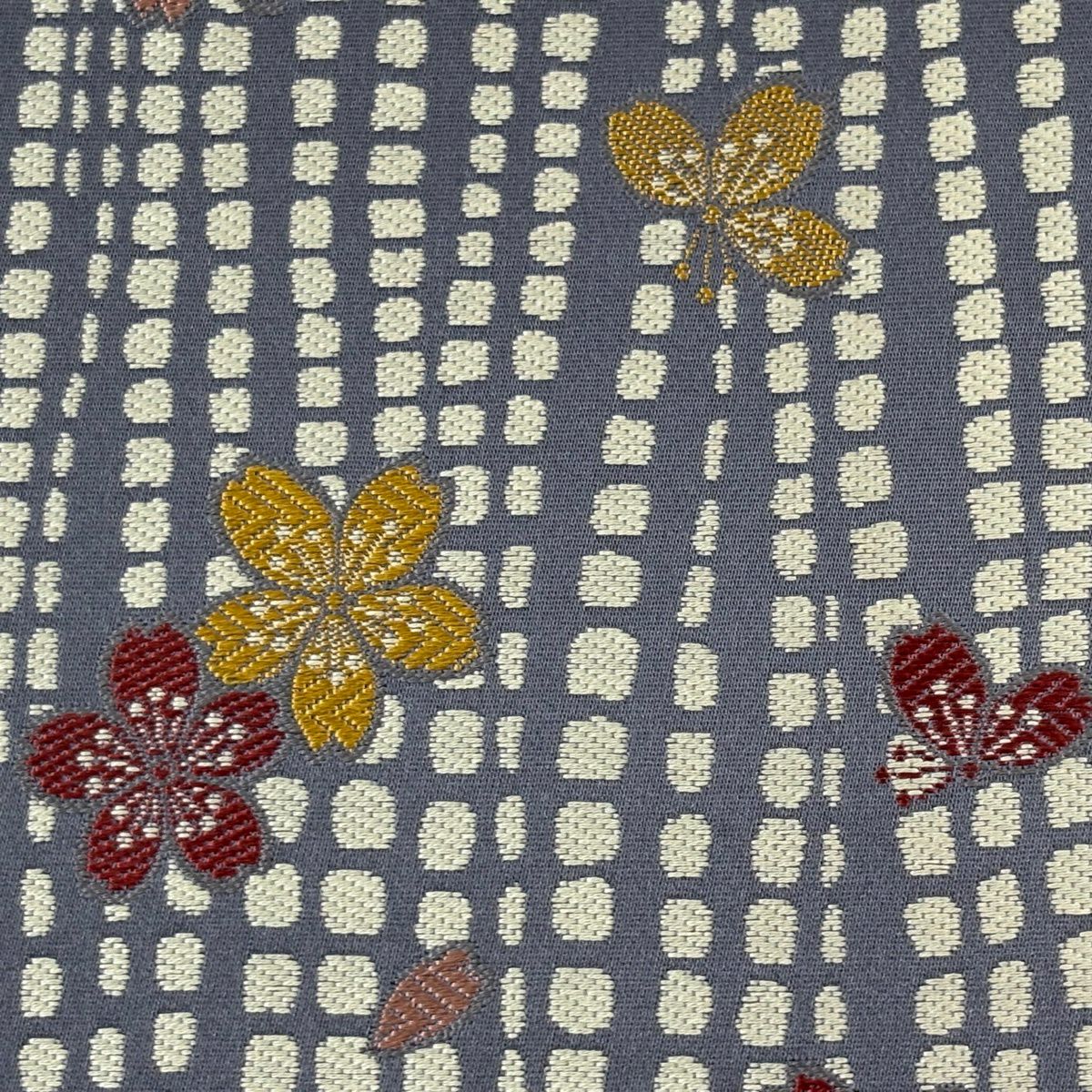 【美品】 袋帶 秀品級 樱花 蝴蝶 灰色 六通 純蠶絲