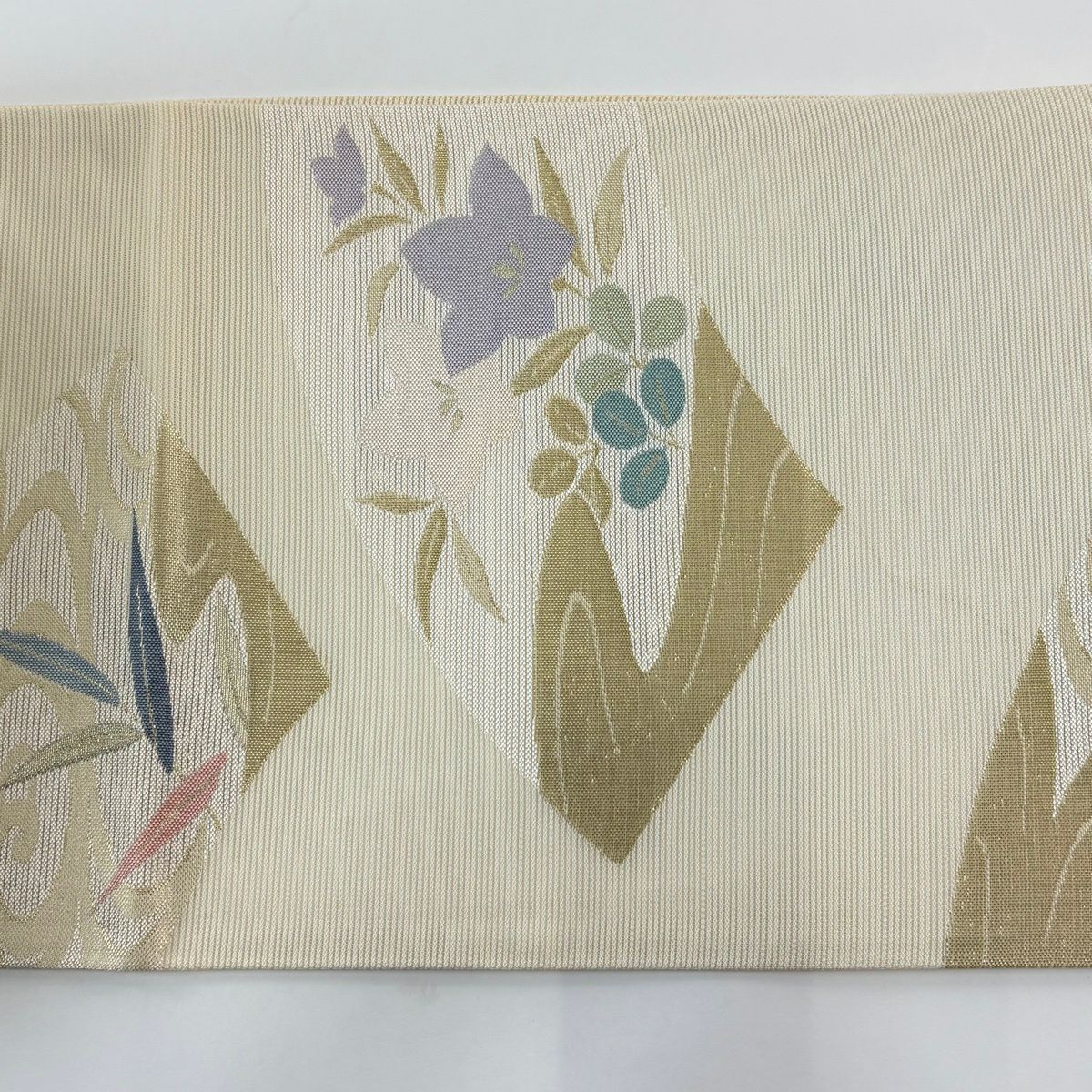 袋帶 秀品級 夏帶 絽 扇子面 桔梗 金金箔 奶油 六通 純蠶絲