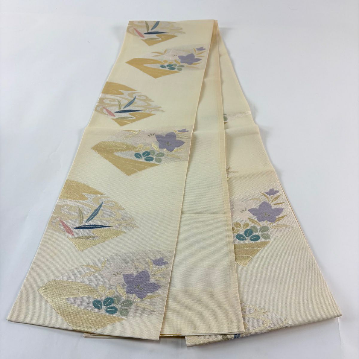 袋帶 秀品級 夏帶 絽 扇子面 桔梗 金金箔 奶油 六通 純蠶絲