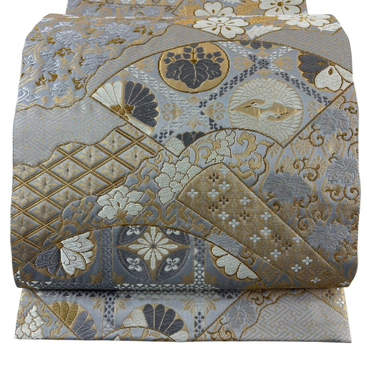 袋帶 秀品級 扇子面 花唐草紋 金絲 唐織 灰 深藍 六通 純蠶絲