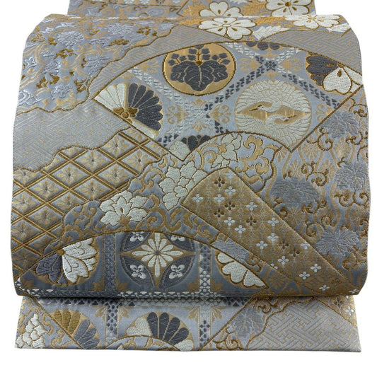 袋帶 秀品級 扇子面 花唐草紋 金絲 唐織 灰 深藍 六通 純蠶絲