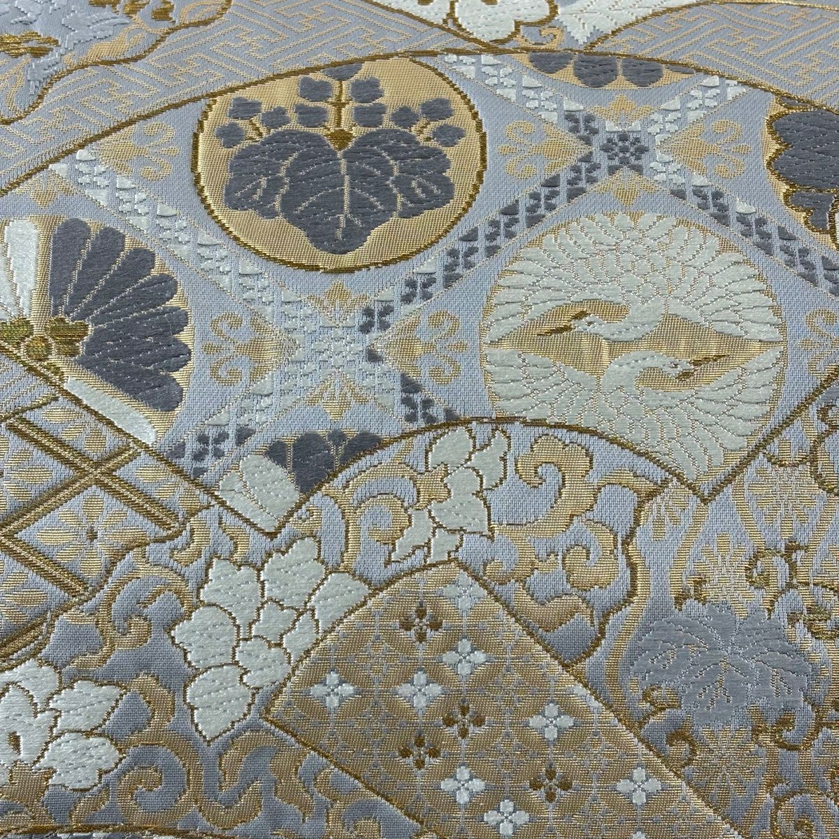 袋帶 秀品級 扇子面 花唐草紋 金絲 唐織 灰 深藍 六通 純蠶絲
