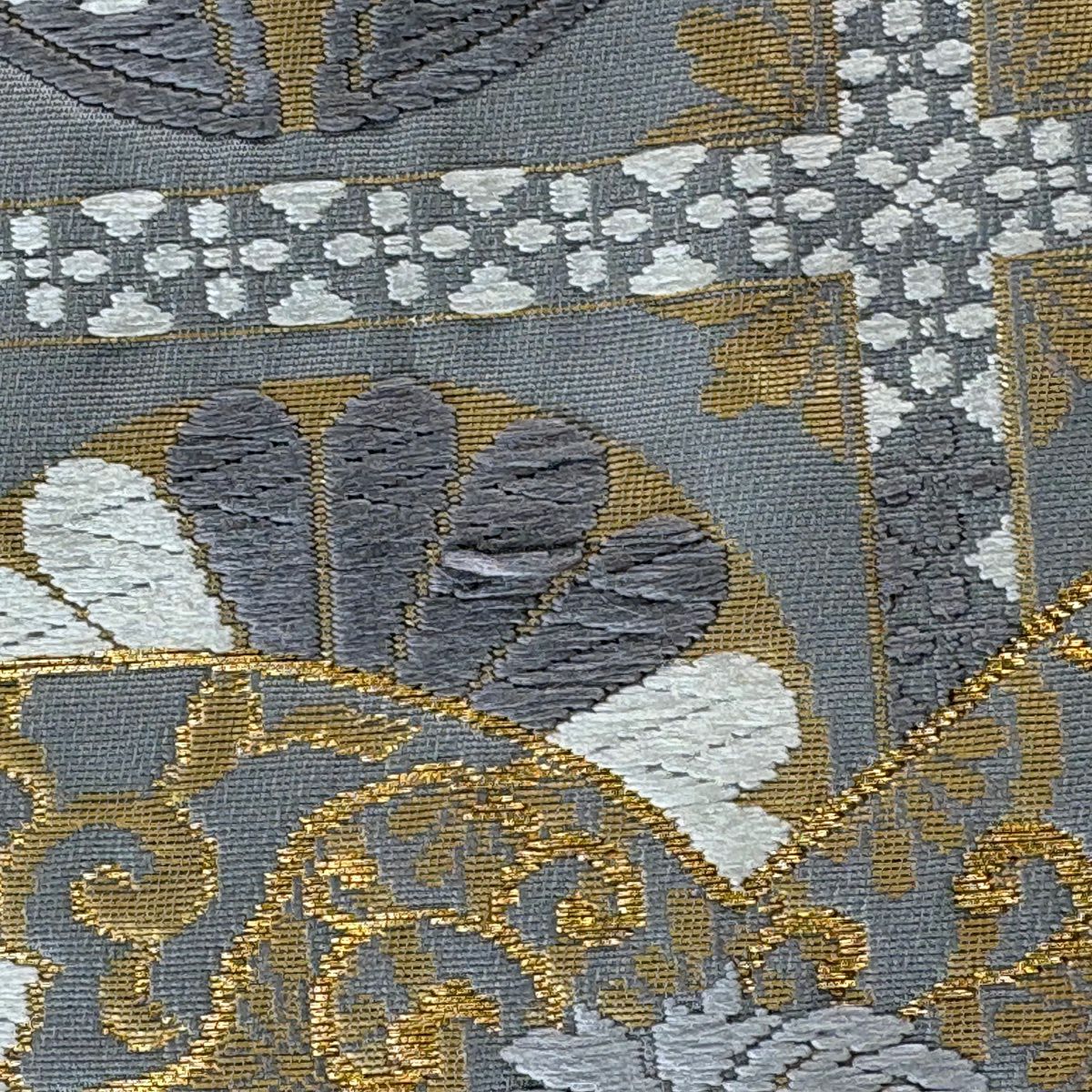 袋帶 秀品級 扇子面 花唐草紋 金絲 唐織 灰 深藍 六通 純蠶絲
