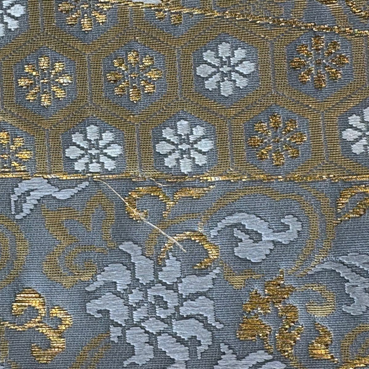 袋帶 秀品級 扇子面 花唐草紋 金絲 唐織 灰 深藍 六通 純蠶絲