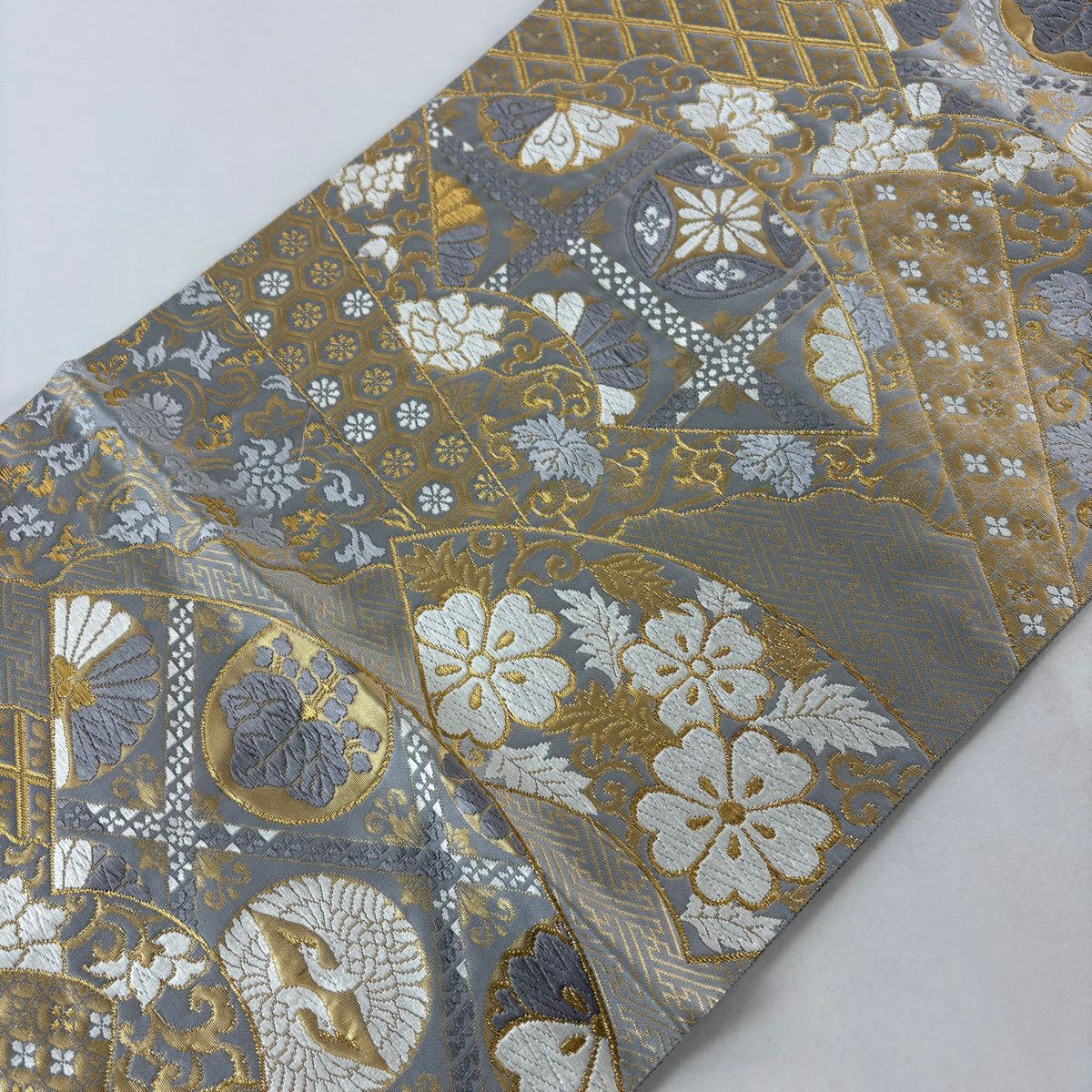 袋帶 秀品級 扇子面 花唐草紋 金絲 唐織 灰 深藍 六通 純蠶絲