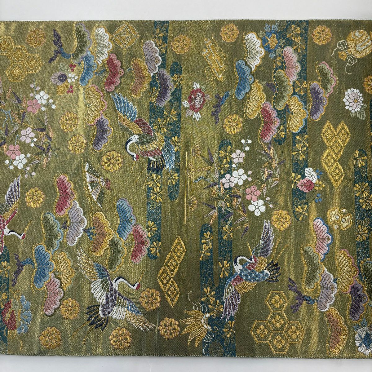 【美品】 袋帶 秀品級 飛仙鶴吉祥紋樣 金銀彩 金金箔 抹茶 六通 純蠶絲