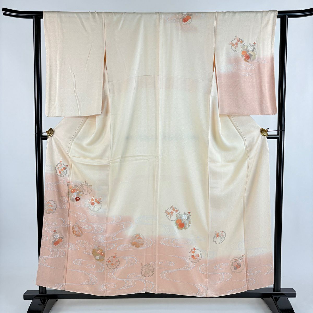 訪問服 身長156.5cm 袖長62cm S 雙層 雪輪 草花紋紋 金糸 金銀彩 淺橙色 純蠶絲 優品級