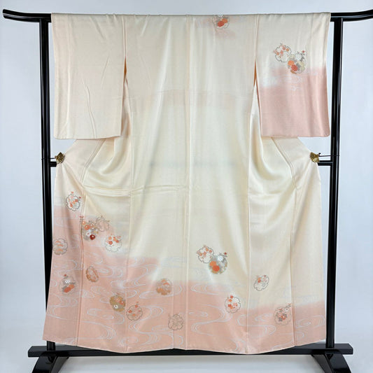 訪問服 身長156.5cm 袖長62cm S 雙層 雪輪 草花紋紋 金糸 金銀彩 淺橙色 純蠶絲 優品級