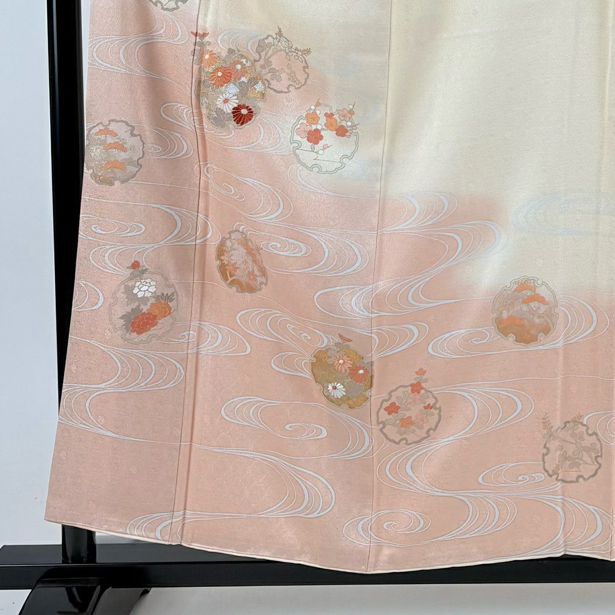 訪問服 身長156.5cm 袖長62cm S 雙層 雪輪 草花紋紋 金糸 金銀彩 淺橙色 純蠶絲 優品級