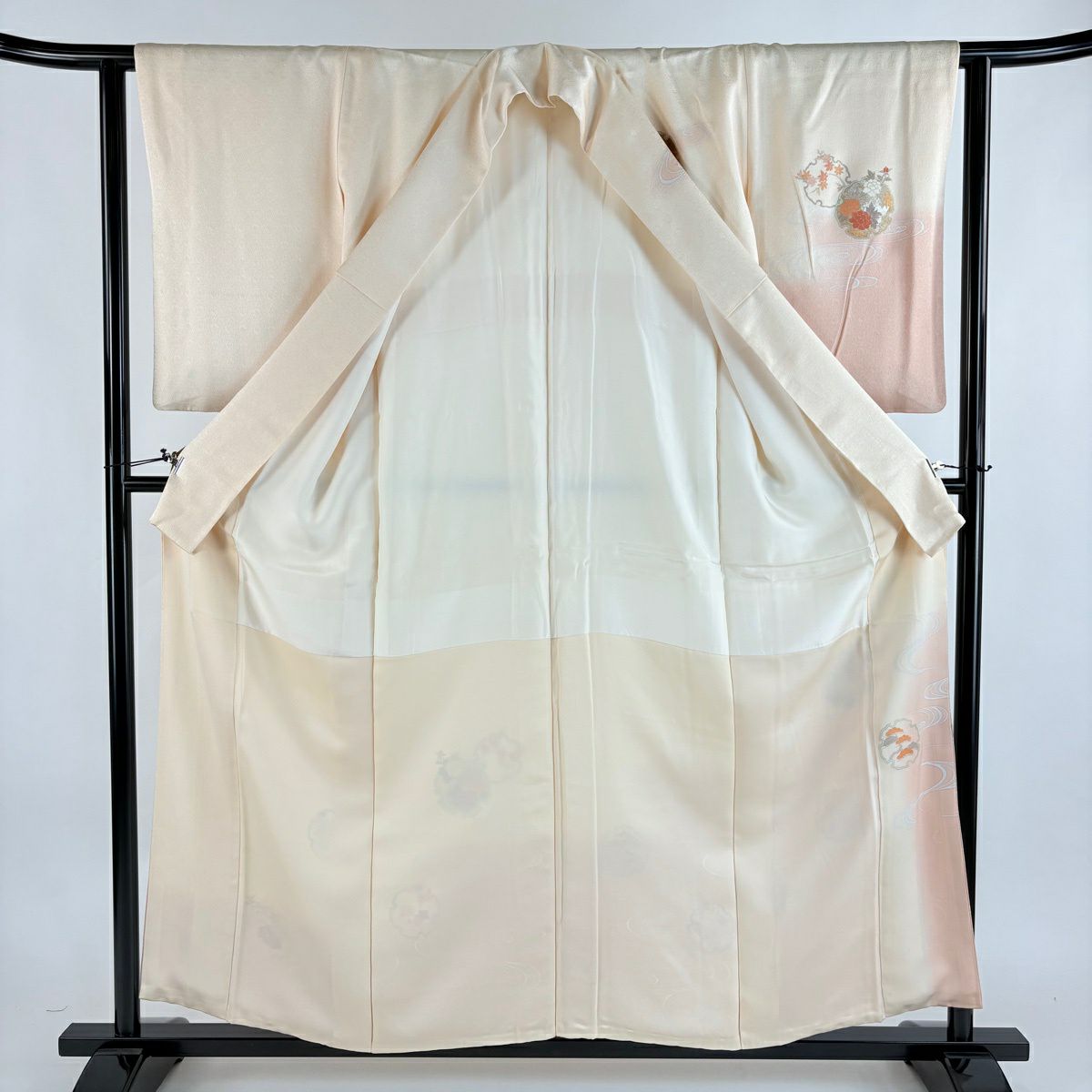 訪問服 身長156.5cm 袖長62cm S 雙層 雪輪 草花紋紋 金糸 金銀彩 淺橙色 純蠶絲 優品級