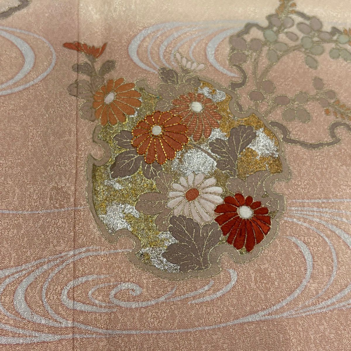 訪問服 身長156.5cm 袖長62cm S 雙層 雪輪 草花紋紋 金糸 金銀彩 淺橙色 純蠶絲 優品級