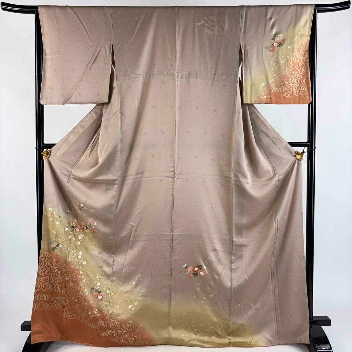 訪問服 身長169cm 袖長64.5cm M 雙層 扇子子 枝梅花 金銀彩 漸層 淺小豆 純蠶絲 優品級
