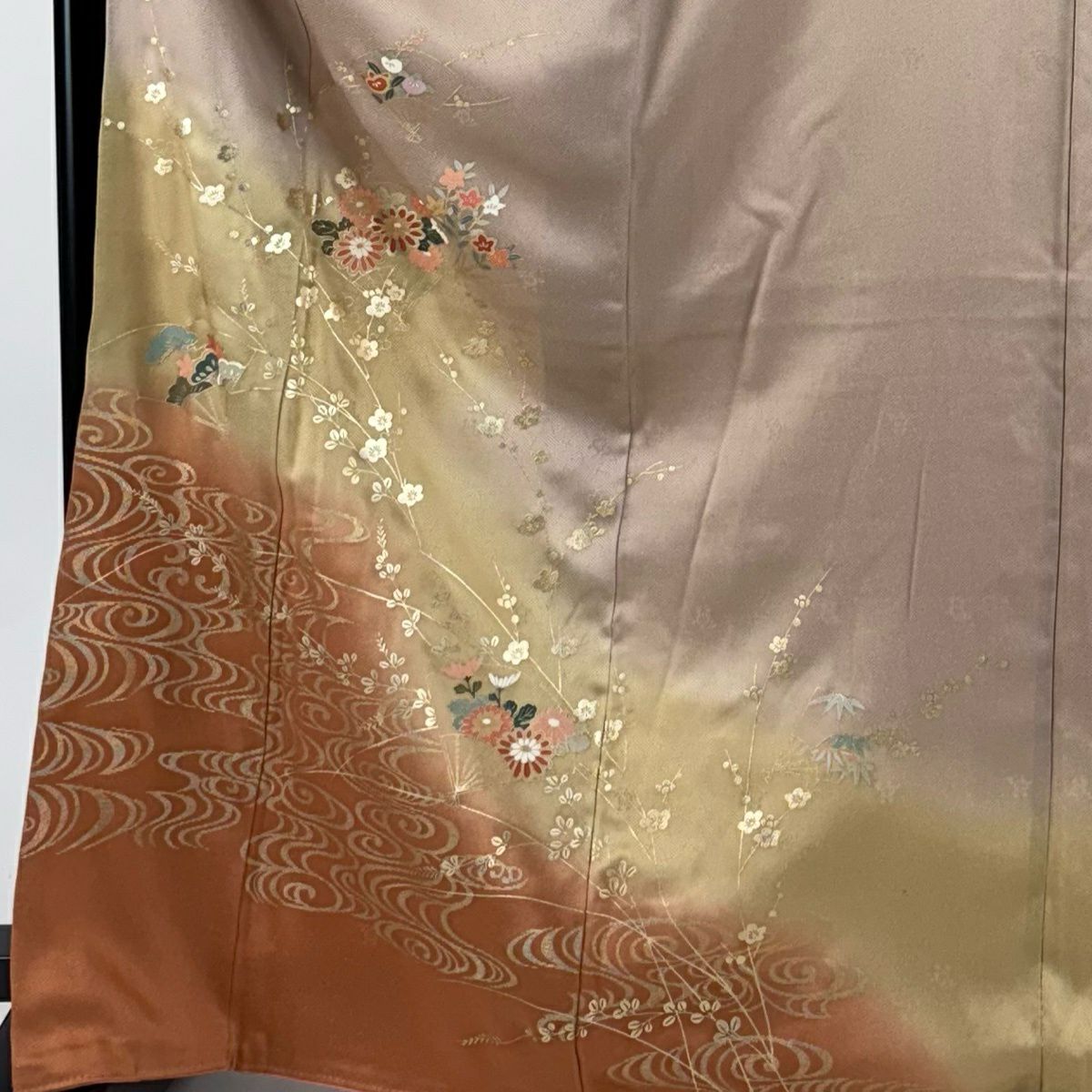 訪問服 身長169cm 袖長64.5cm M 雙層 扇子子 枝梅花 金銀彩 漸層 淺小豆 純蠶絲 優品級