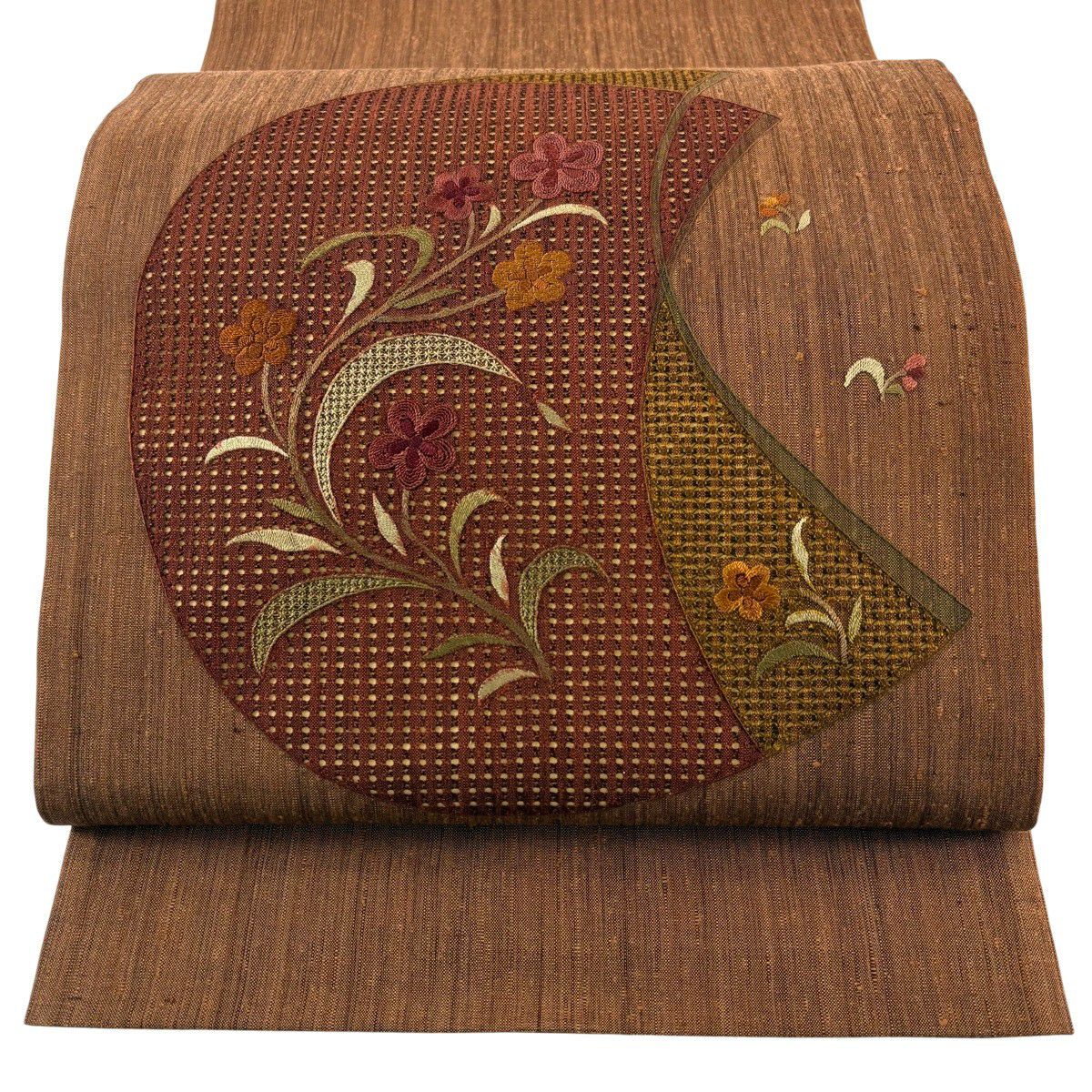 【美品】 袋帶 秀品級 草花紋刺繡 茶 お太鼓圖案 純蠶絲