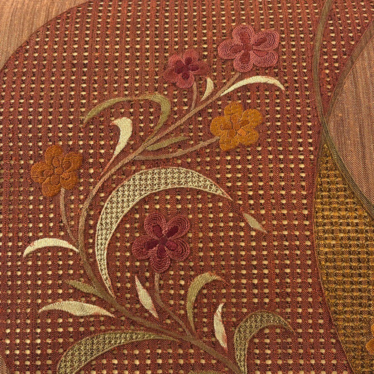 【美品】 袋帶 秀品級 草花紋刺繡 茶 お太鼓圖案 純蠶絲