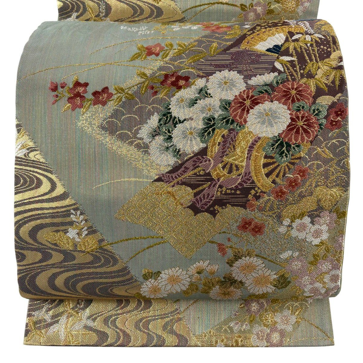 【美品】 袋帶 秀品級 證書齊全 花車 草花紋紋 金絲 金金箔 淺綠 六通 純蠶絲