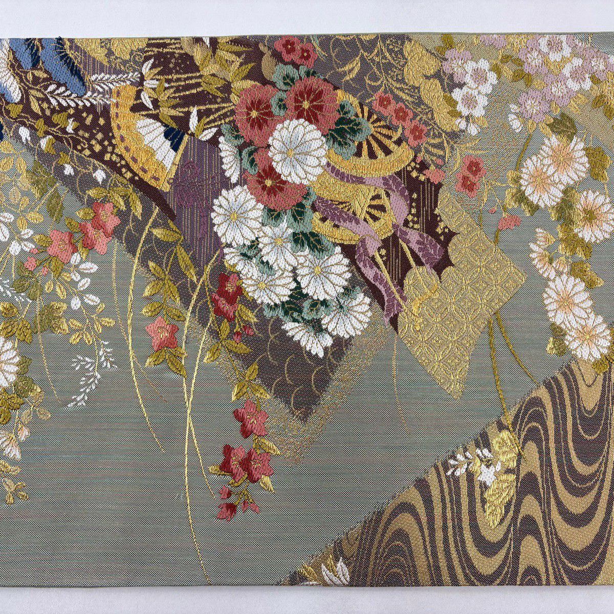 【美品】 袋帶 秀品級 證書齊全 花車 草花紋紋 金絲 金金箔 淺綠 六通 純蠶絲