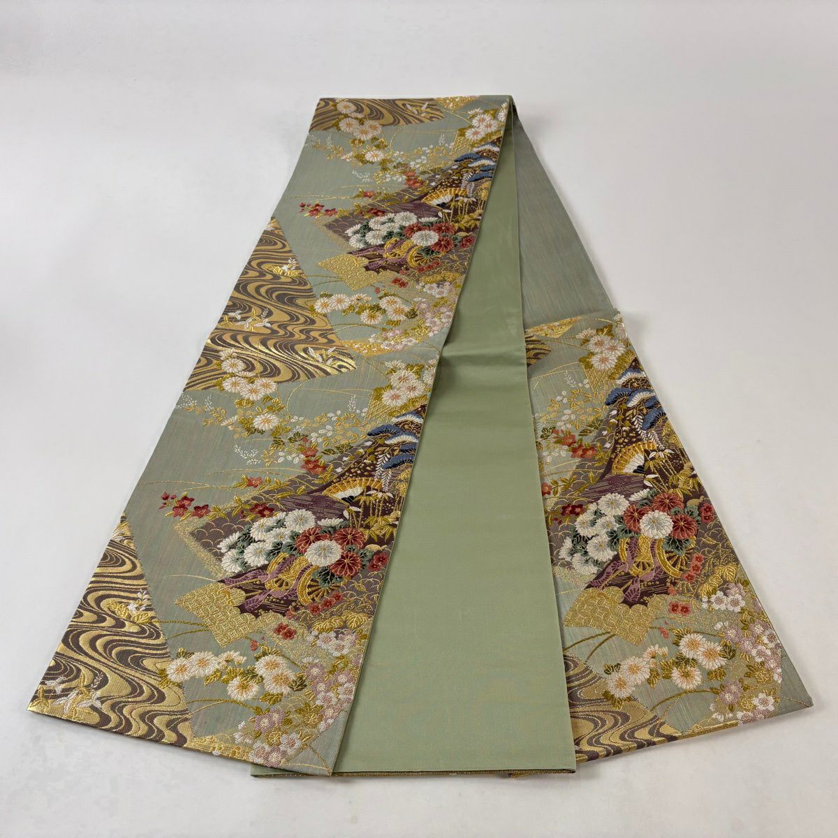 【美品】 袋帶 秀品級 證書齊全 花車 草花紋紋 金絲 金金箔 淺綠 六通 純蠶絲