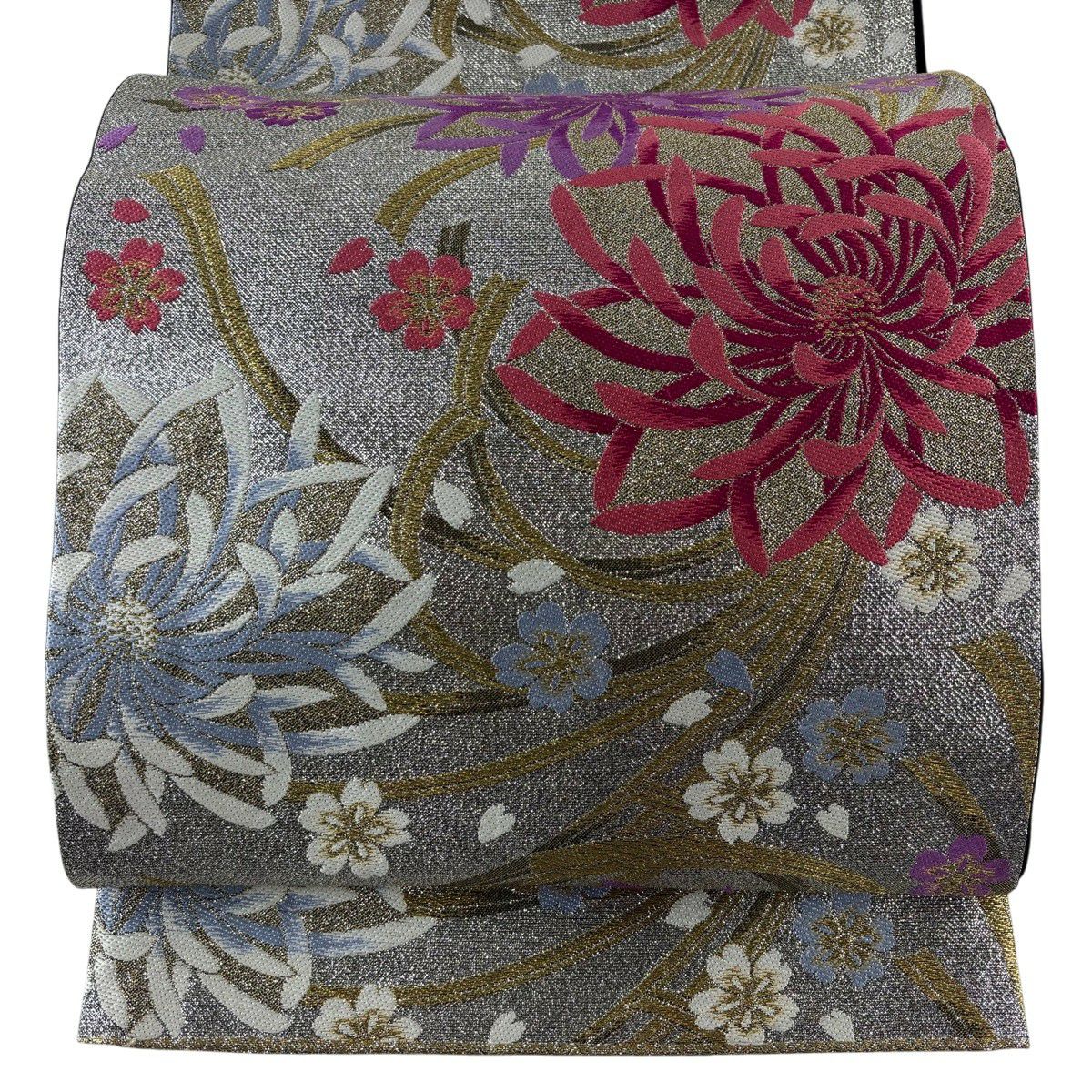 【美品】 袋帶 秀品級 振袖禮服禮服用 亂菊花花集 金絲 金金箔 銀 六通 純蠶絲