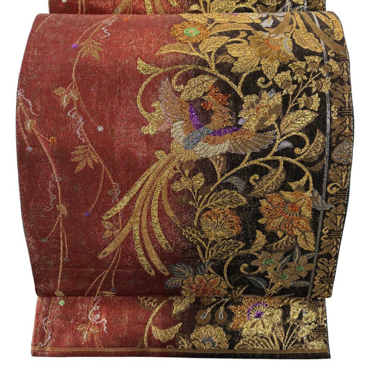 袋帶 秀品級 花唐草紋 鳳凰 金絲 金金箔 紅 六通 純蠶絲