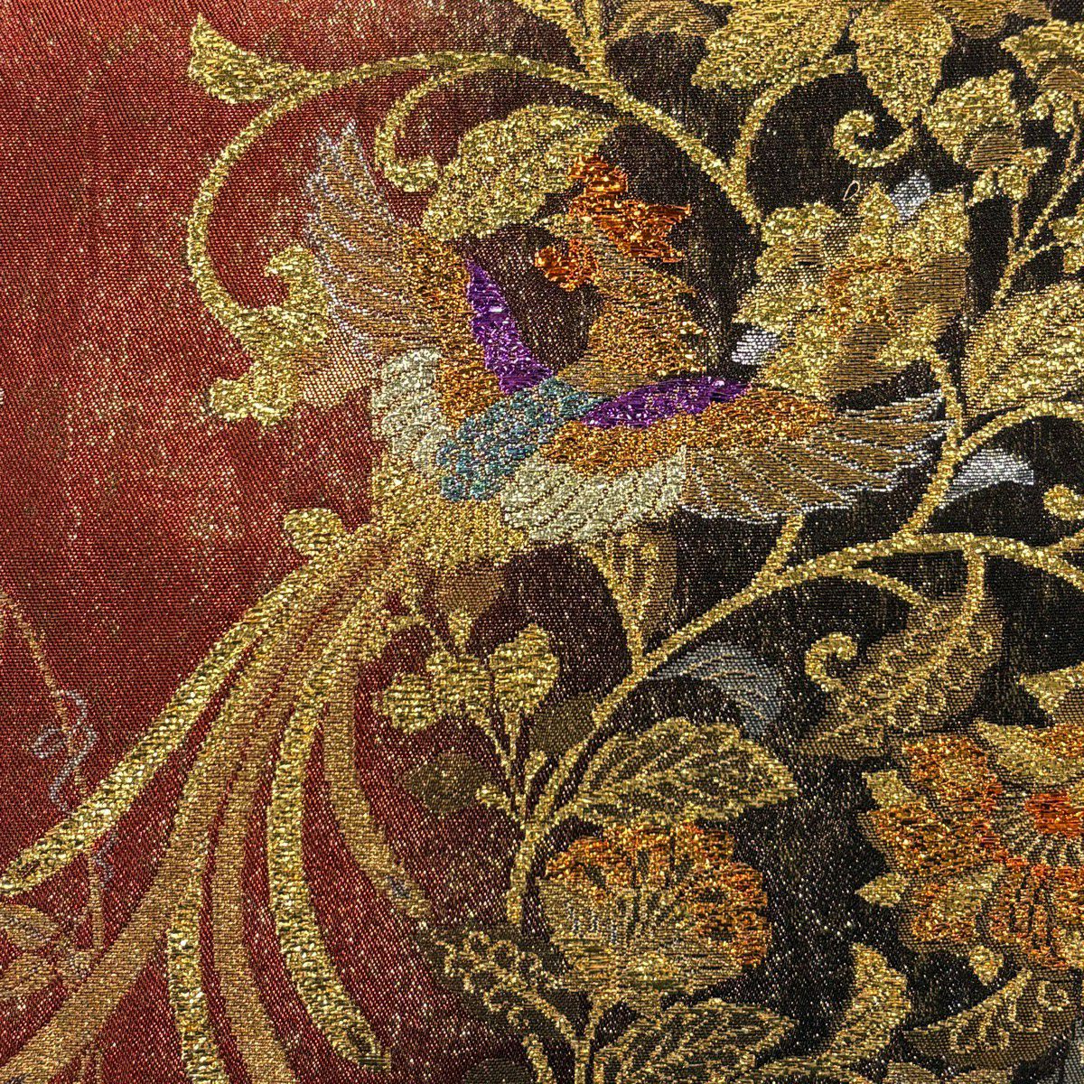 袋帶 秀品級 花唐草紋 鳳凰 金絲 金金箔 紅 六通 純蠶絲