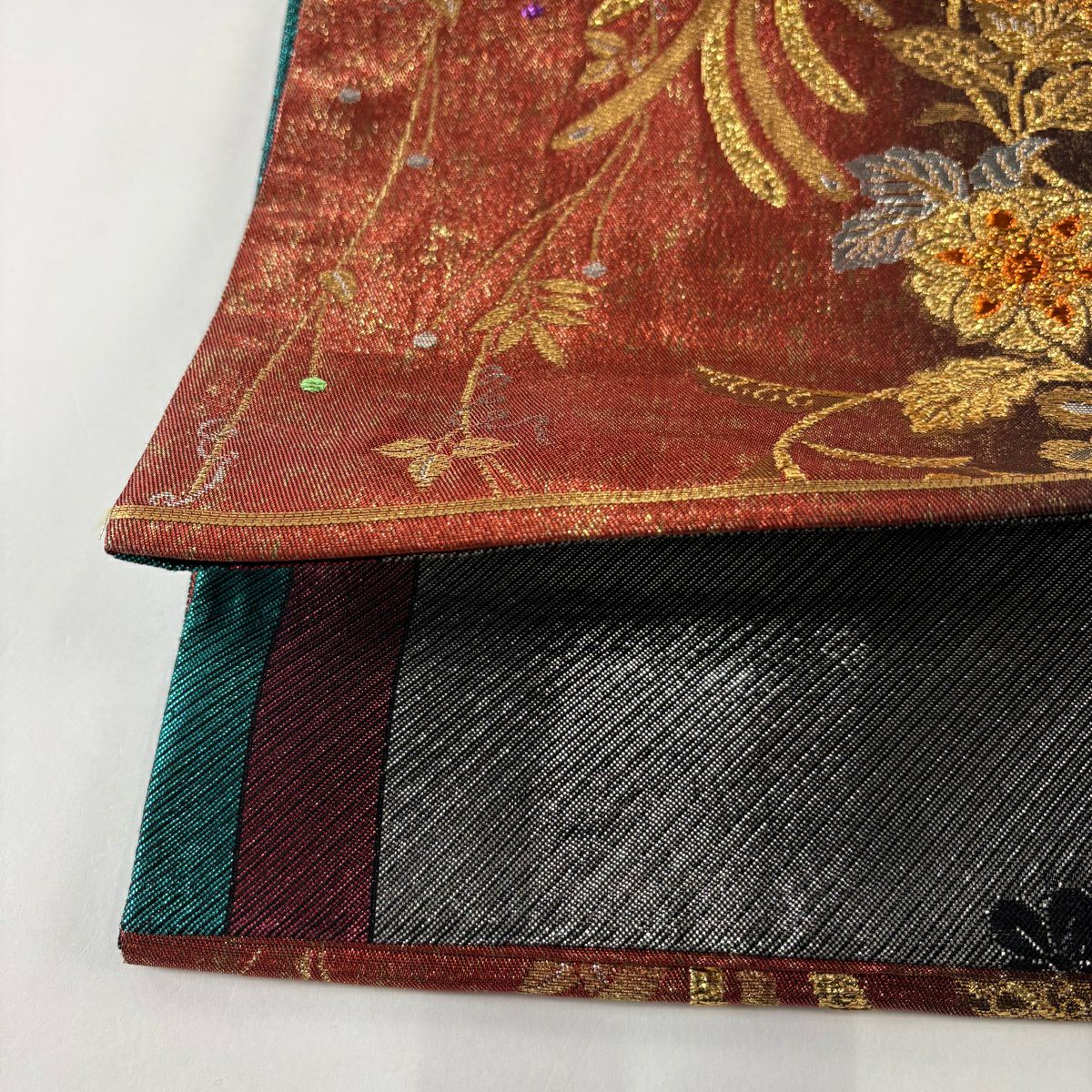袋帶 秀品級 花唐草紋 鳳凰 金絲 金金箔 紅 六通 純蠶絲